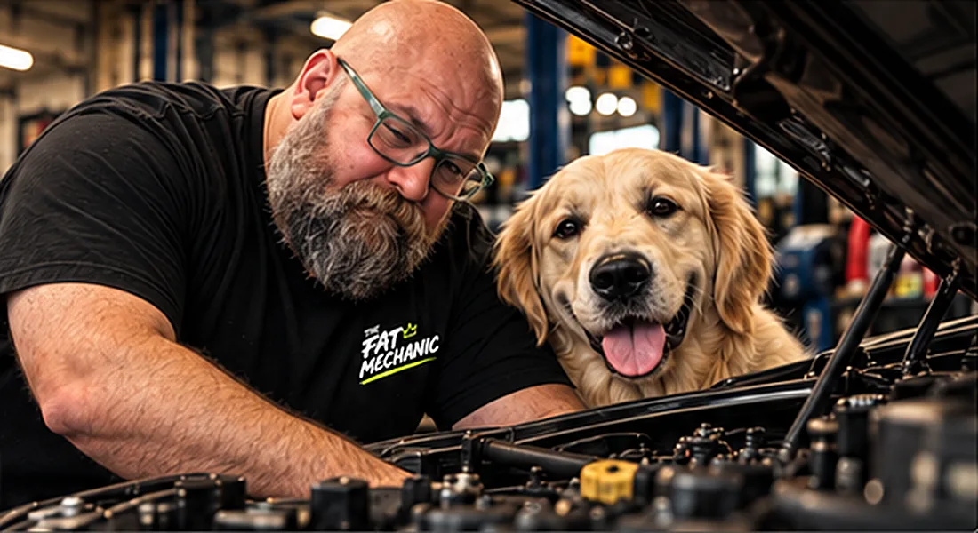 Adam working under the bonnet while Oscar watches